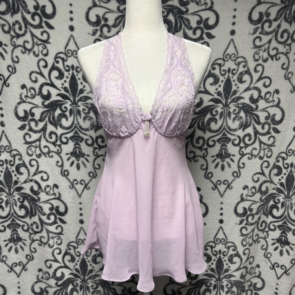 Vtg 00s Cinema Etoile Lavender Lace Halter Babydoll Chemise Pearl Rosette Medium
